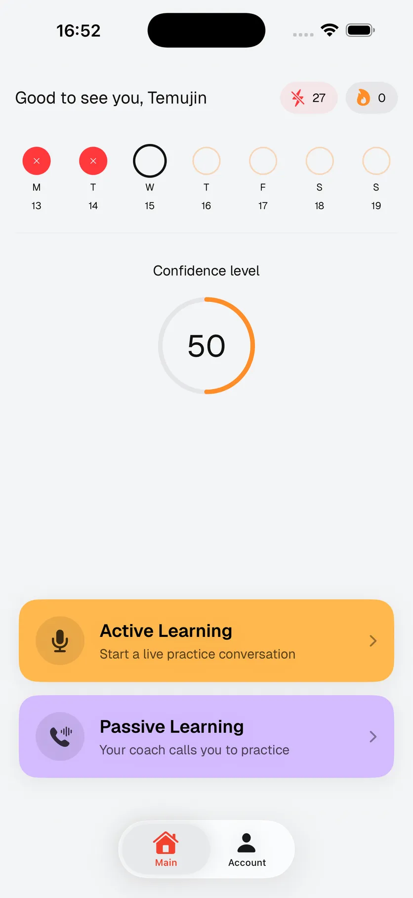 Articulate AI home screen with a confidence level ring and daily streak