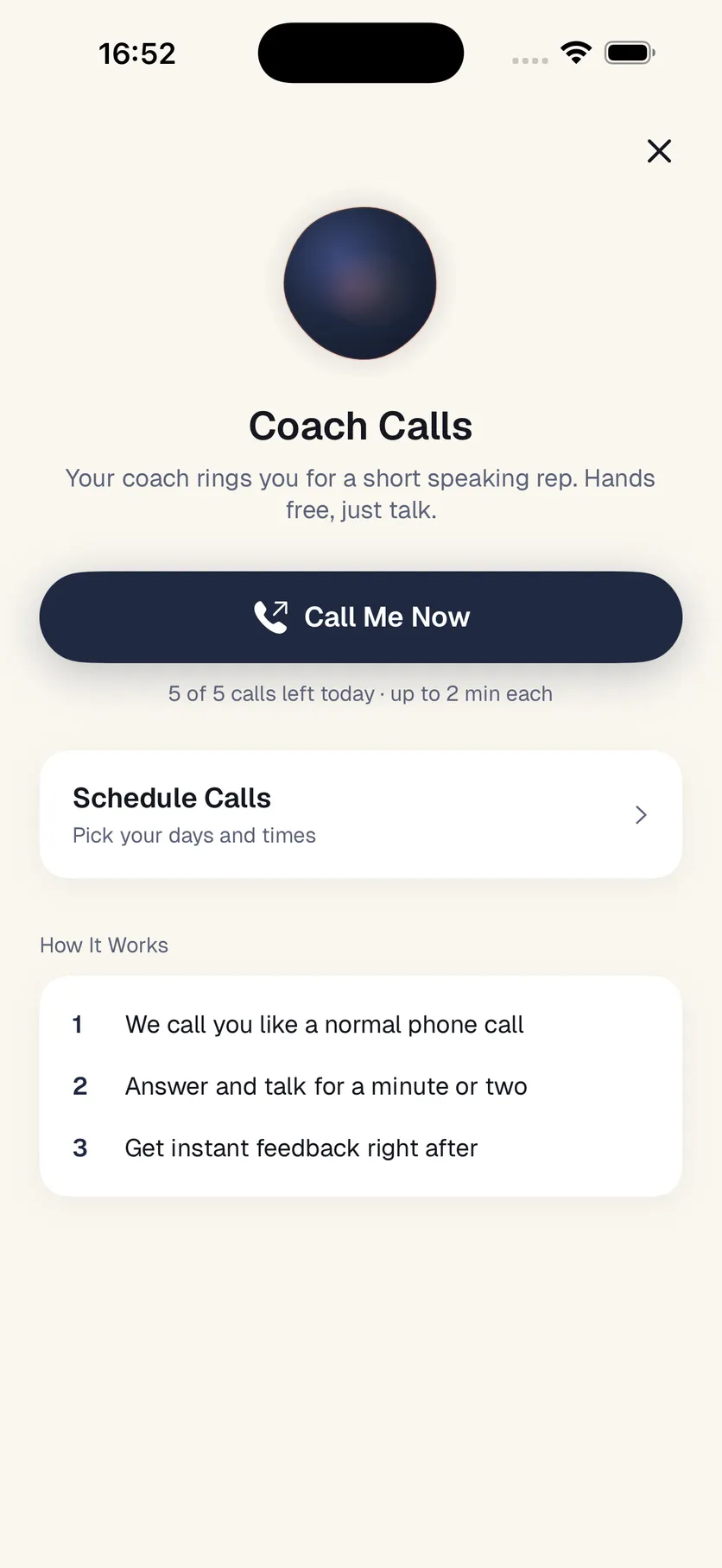 Articulate AI Coach Calls screen with a Call Me Now button