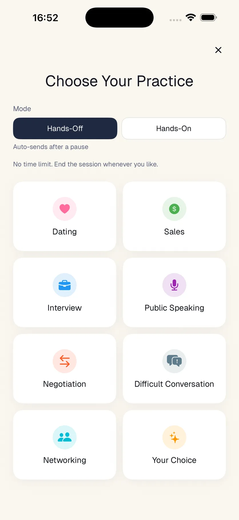 Articulate AI practice picker with Sales and Negotiation roleplay scenarios